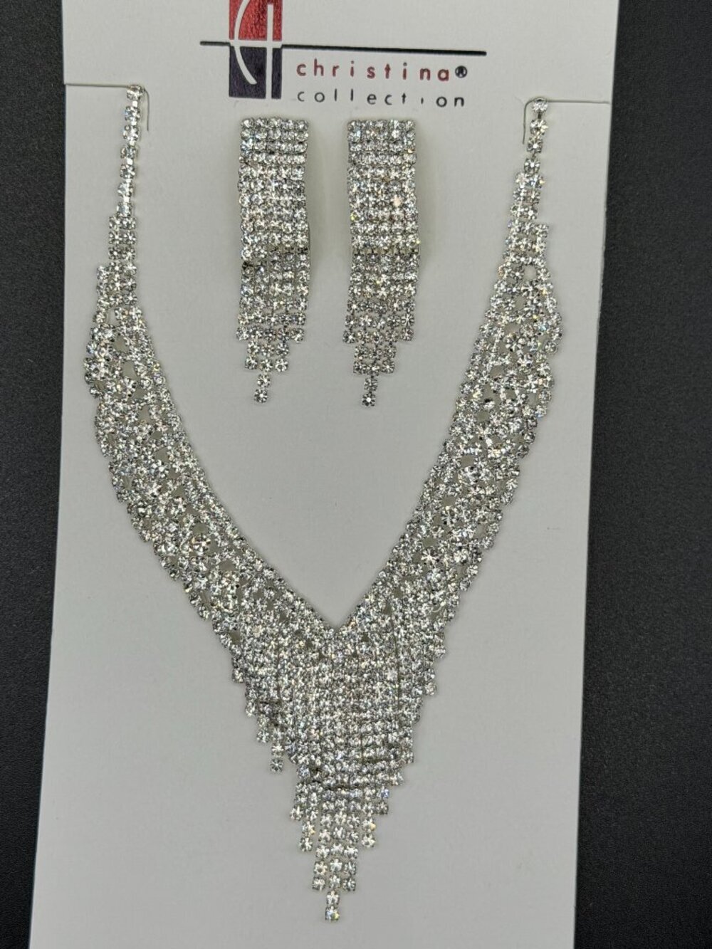 Christina Collection Silver Tone Rhinestone V Statement Necklace & Tassel Earrin